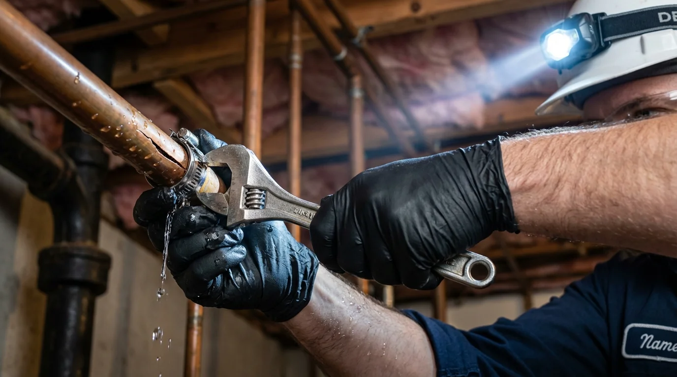 Emergency pipe clamp repair being performed by a Johns Plumbing LLC plumber in Crane